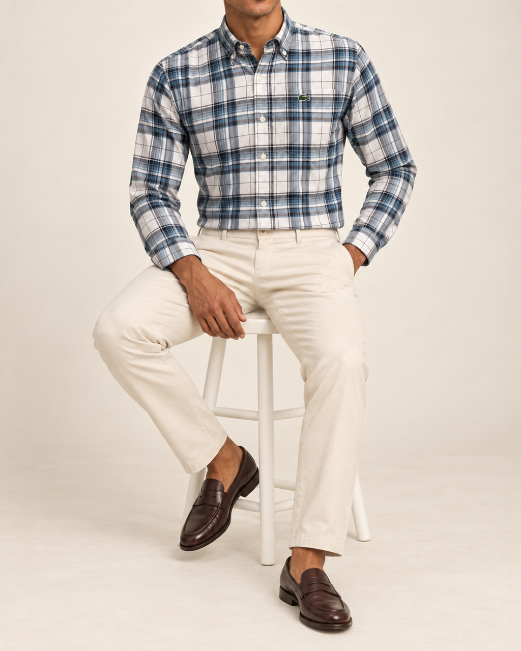 LCST — Off-White & Blue Plaid Button-Down Shirt — seated full body