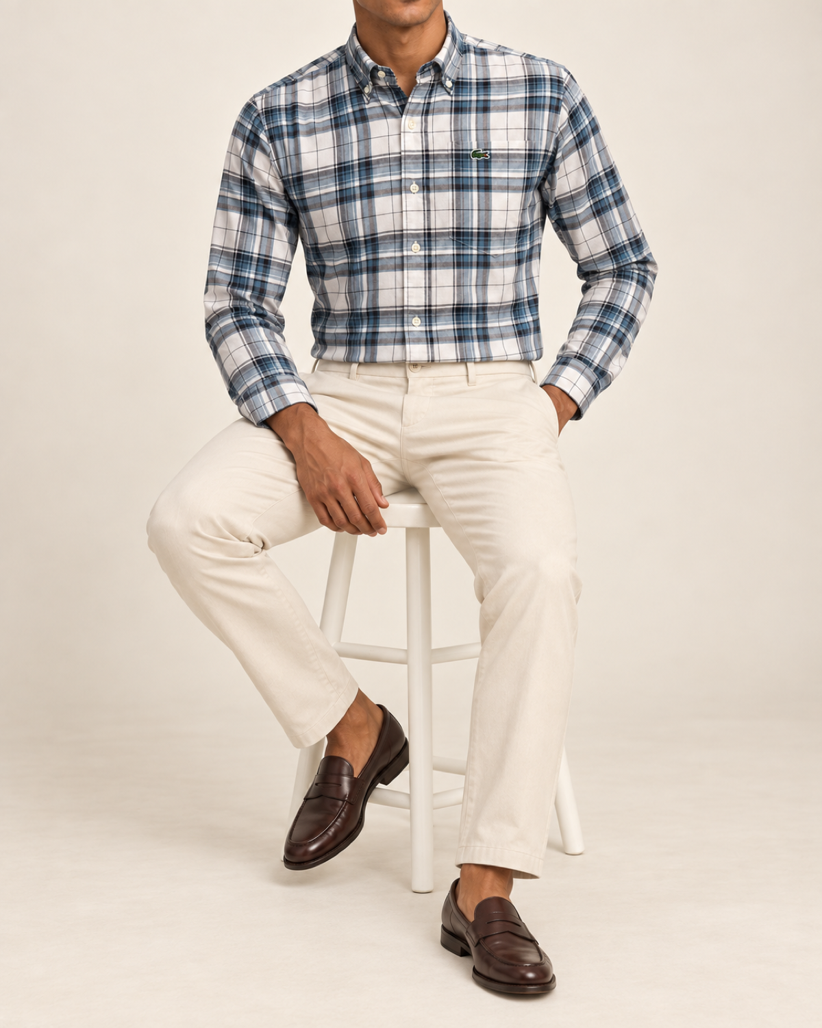 LCST — Off-White & Blue Plaid Button-Down Shirt — seated full body