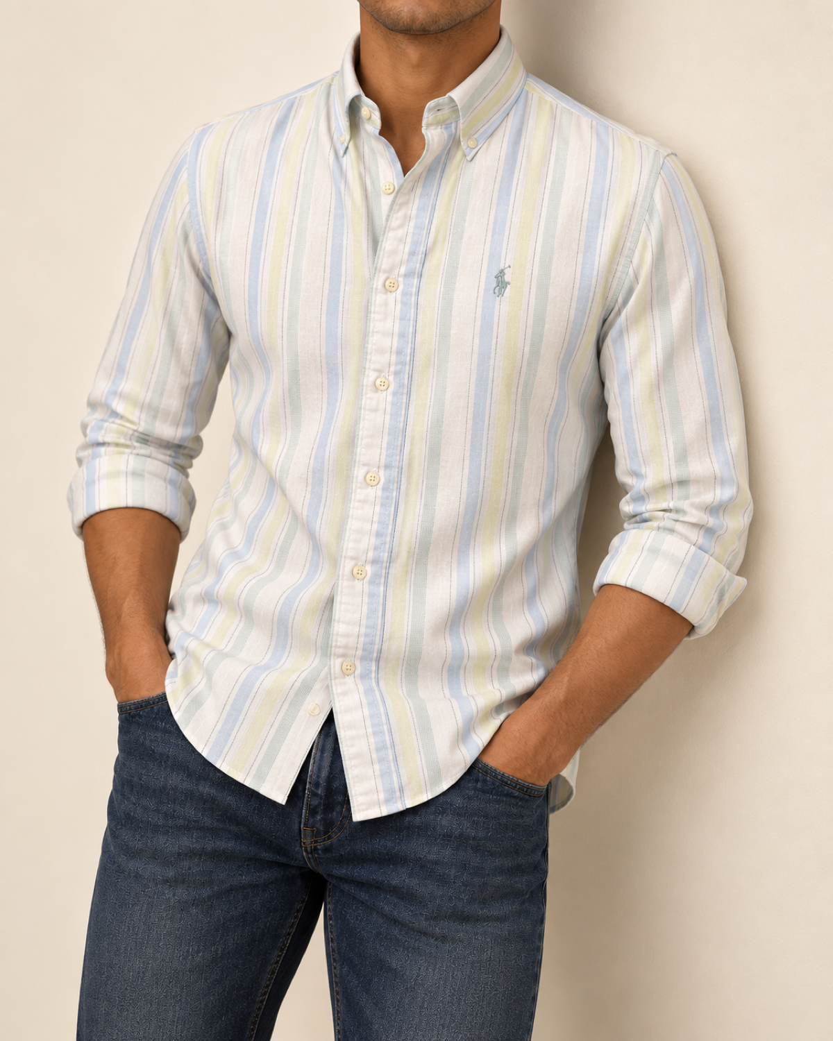 RL — Pastel Multistripe Button-Down Shirt — relaxed lifestyle