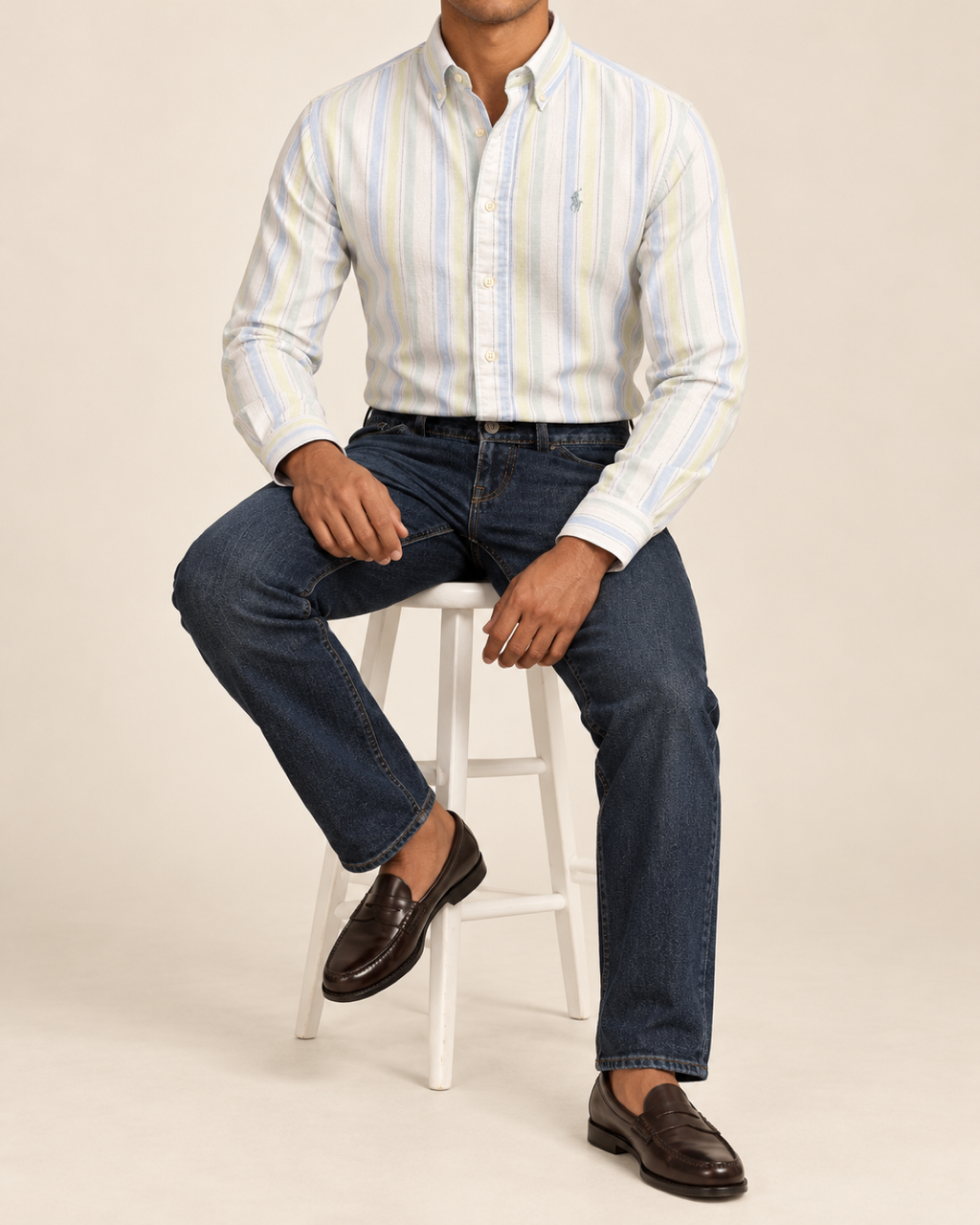 RL — Pastel Multistripe Button-Down Shirt — seated full body