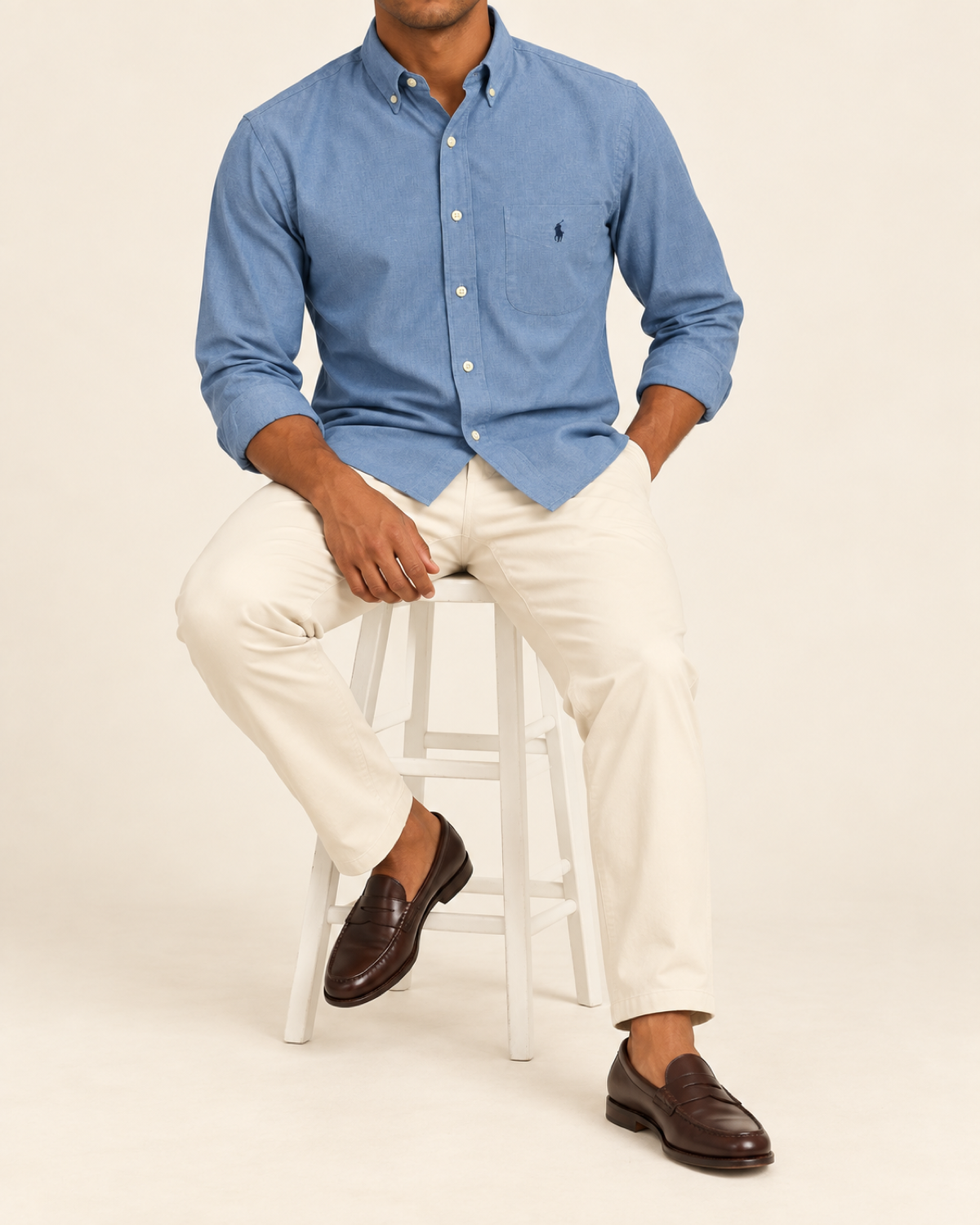 RL — Steel Blue Pocket Button-Down Shirt — seated full body