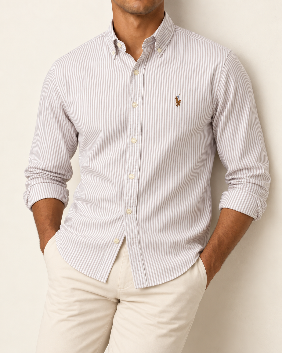 RL — Off-White & Taupe Grey Striped Button-Down Shirt — relaxed lifestyle