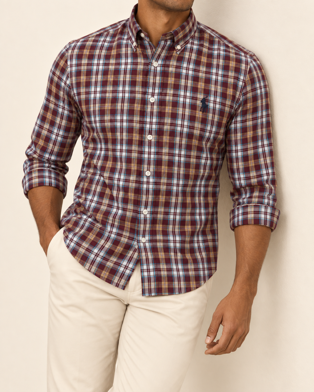 RL — Burgundy Plaid Button-Down Shirt — relaxed lifestyle
