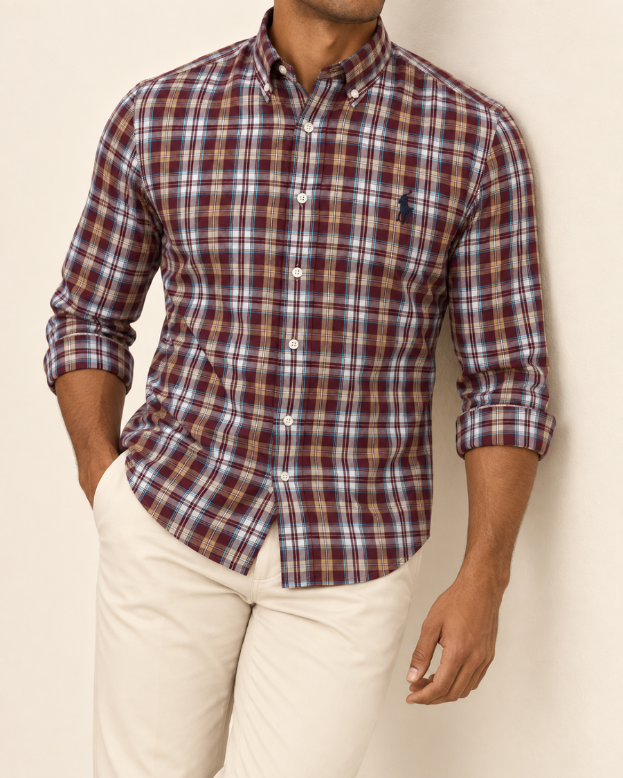 RL — Burgundy Plaid Button-Down Shirt — relaxed lifestyle