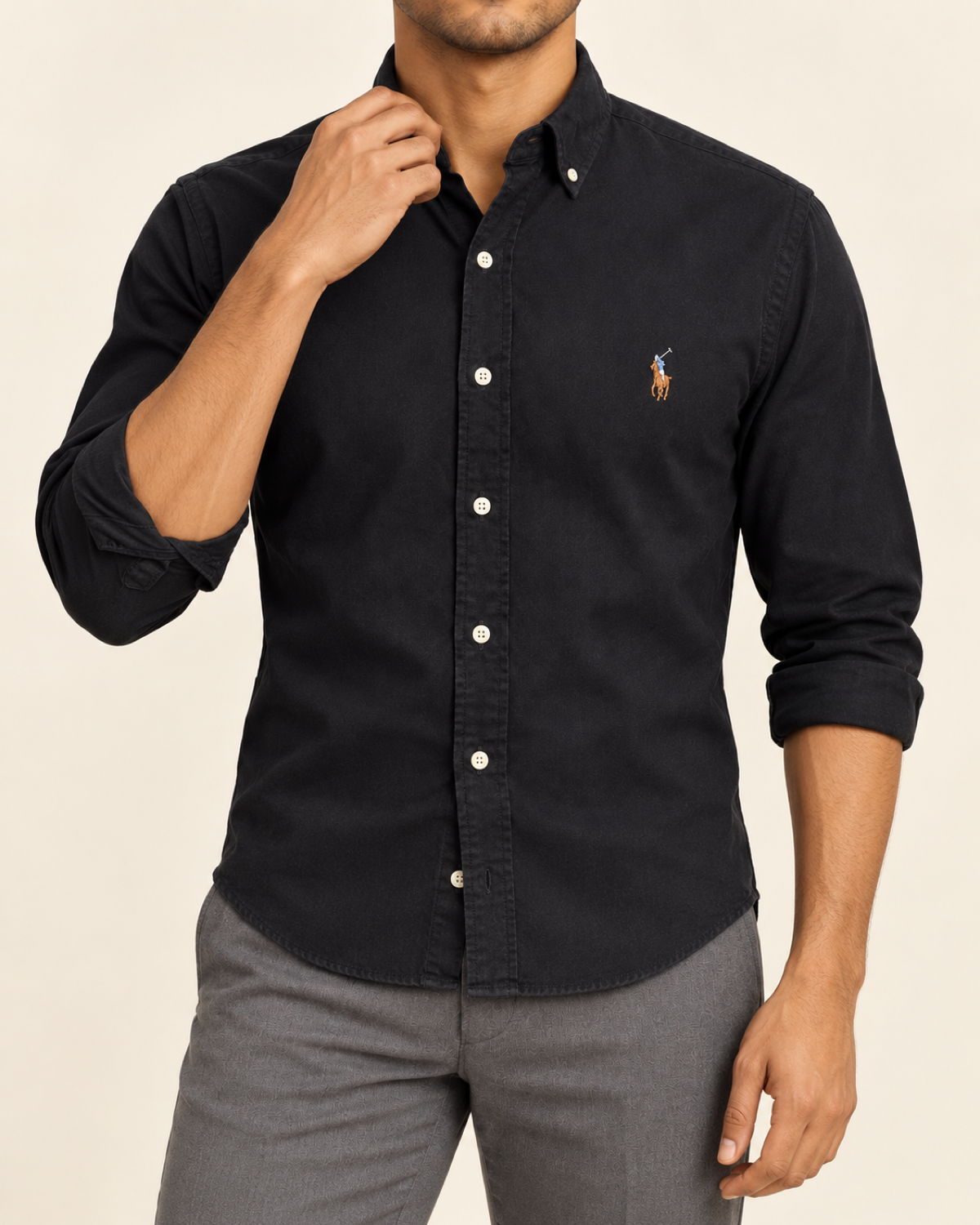 RL — Black Button-Down Shirt — front styling