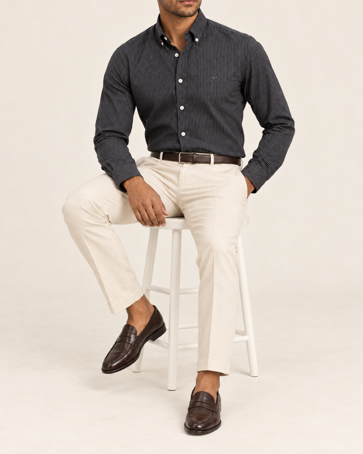 HKTT — Charcoal Fine Pinstripe Button-Down Shirt — seated full body