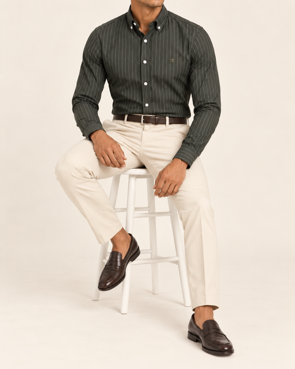 HKTT — Dark Olive Pinstripe Button-Down Shirt — seated full body