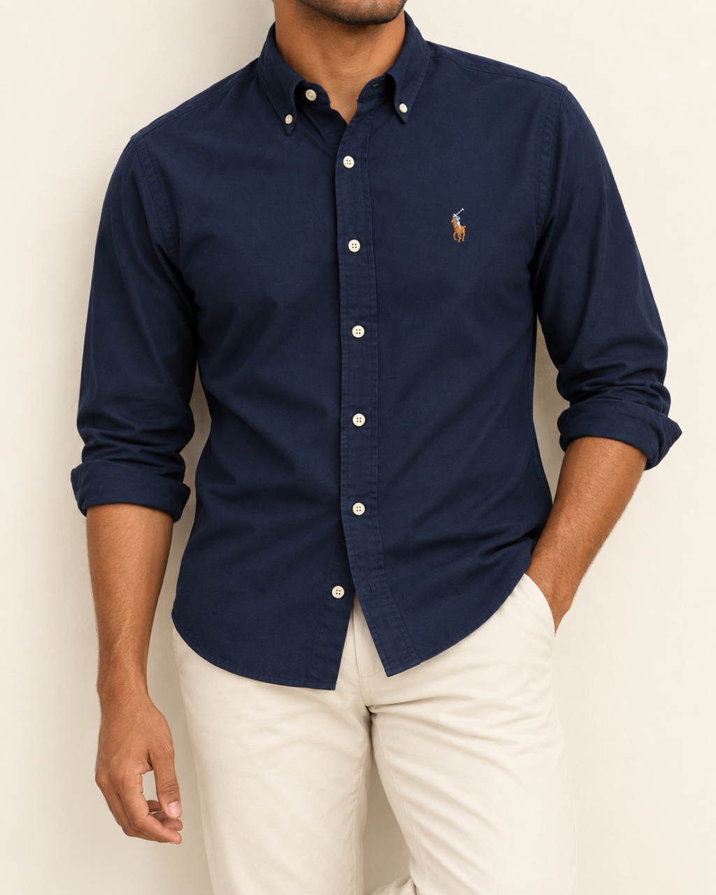 RL — Deep Navy Button-Down Shirt — relaxed lifestyle