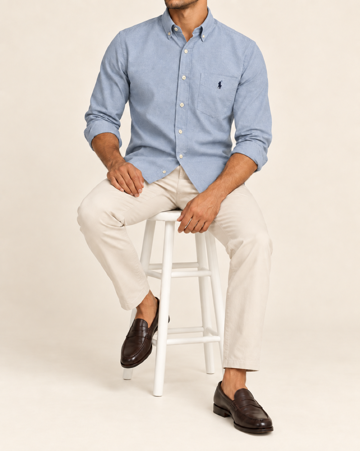RL — Heather Blue Pocket Button-Down Shirt — seated full body