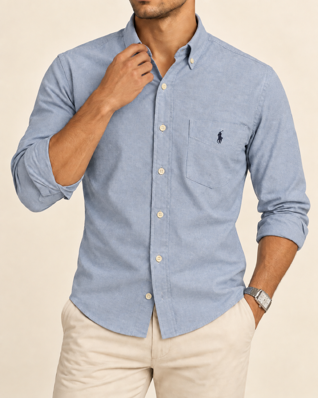 RL — Heather Blue Pocket Button-Down Shirt — front styling