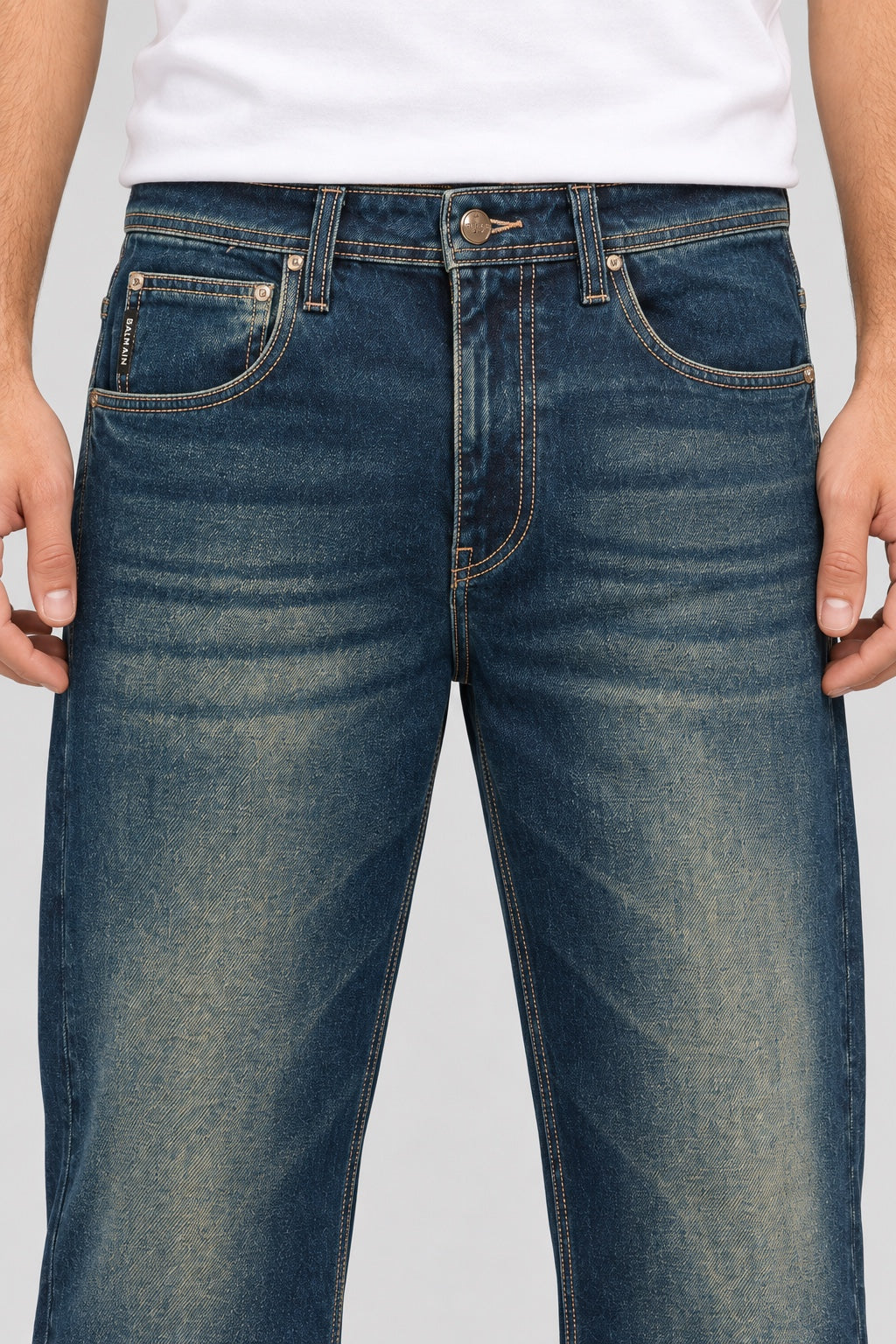 Men’s Rose-Gold Emblem Wide-Leg Jeans – Vintage Indigo - front detail