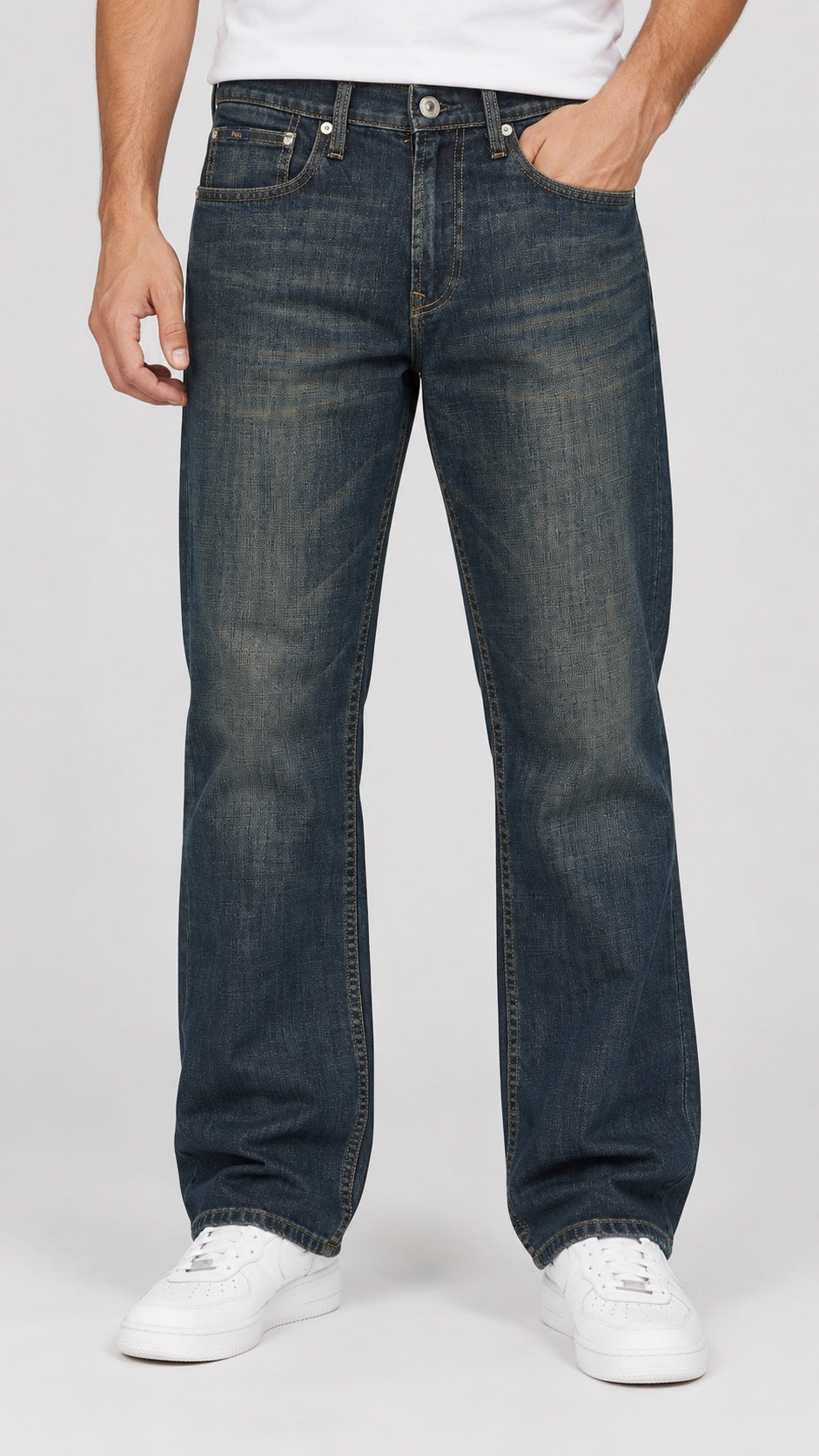 Men’s Horse-Emblem Wide-Leg Jeans – Dark Vintage Indigo - front view