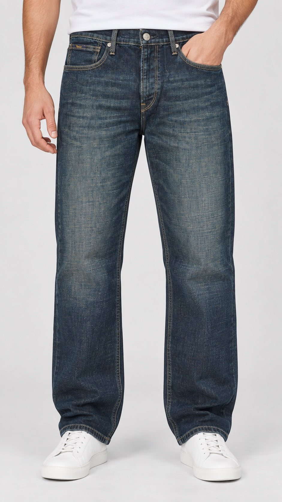 Men’s Wide-Bottom Straight-Fit Jeans – Signature-Stitch Dark Indigo - front view