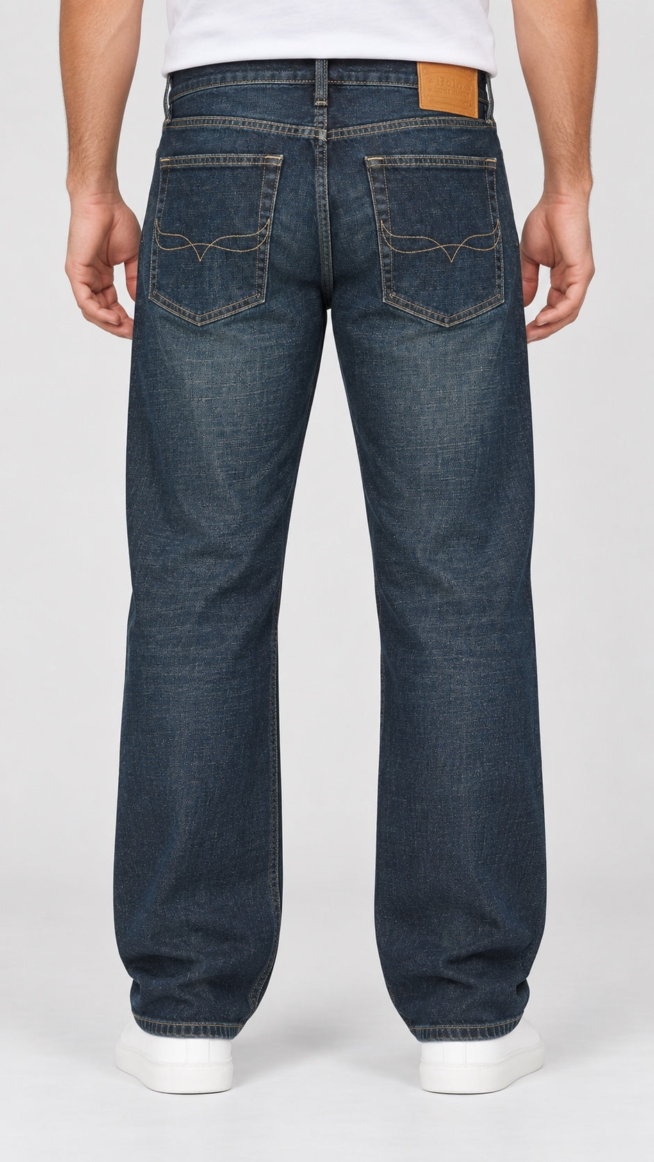Men’s Wide-Bottom Straight-Fit Jeans – Signature-Stitch Dark Indigo - back view