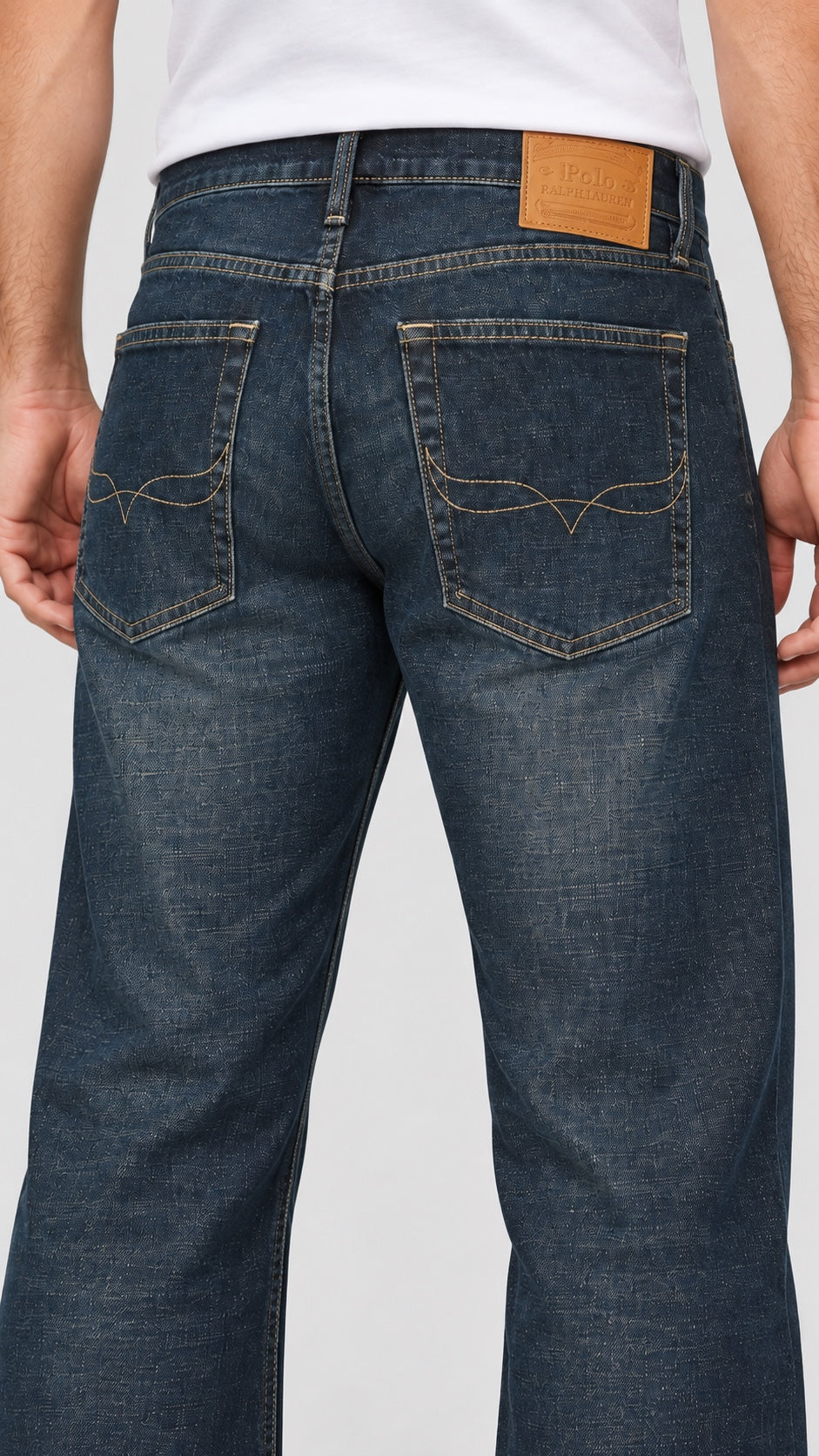 Men’s Wide-Bottom Straight-Fit Jeans – Signature-Stitch Dark Indigo - back detail