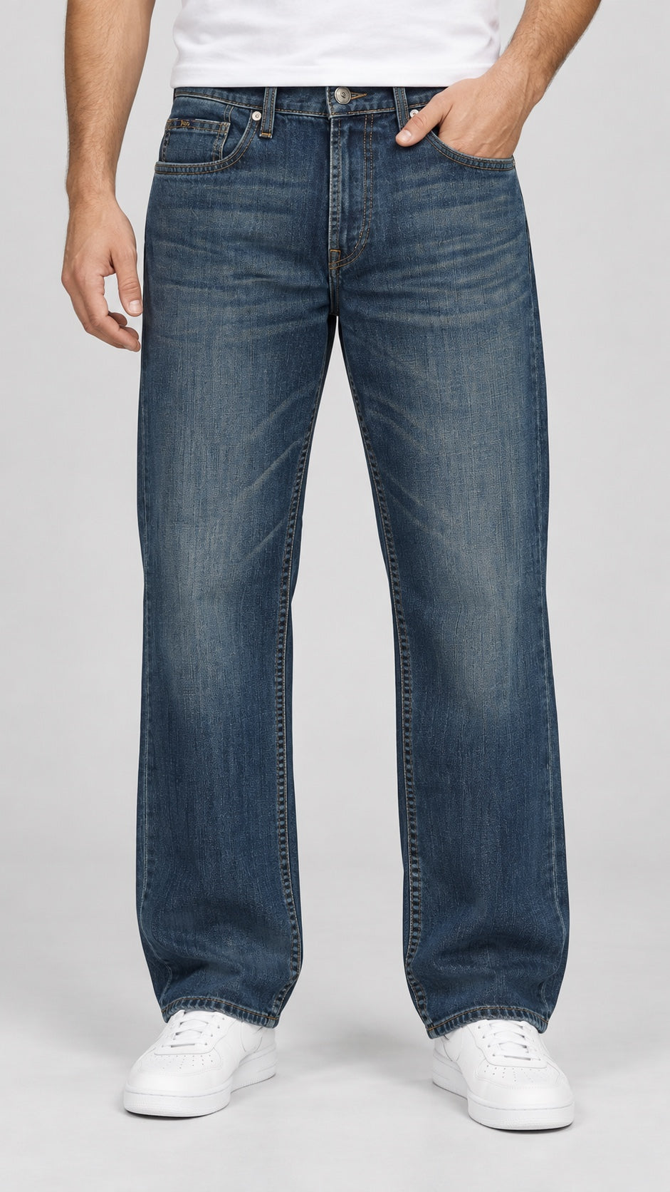 Men’s Horse-Emblem Wide-Leg Jeans – Vintage Indigo Blue - front view