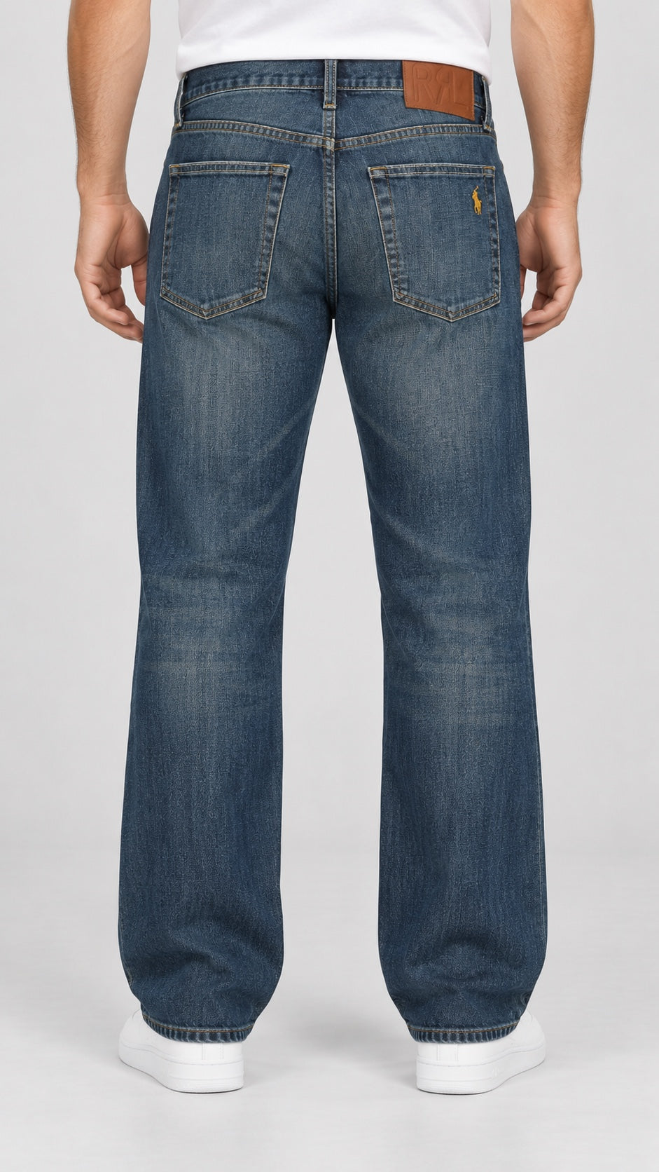 Men’s Horse-Emblem Wide-Leg Jeans – Vintage Indigo Blue - back view