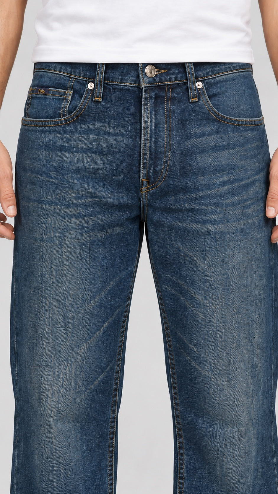 Men’s Horse-Emblem Wide-Leg Jeans – Vintage Indigo Blue - front detail