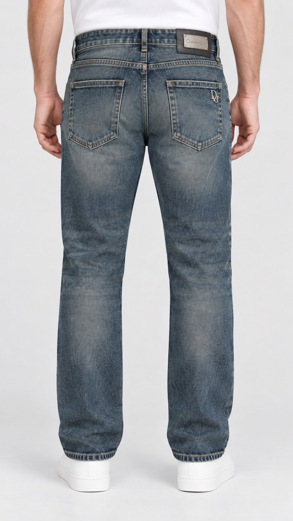 Men’s Metal-Plaque Straight-Fit Jeans – Vintage Indigo Blue - back view