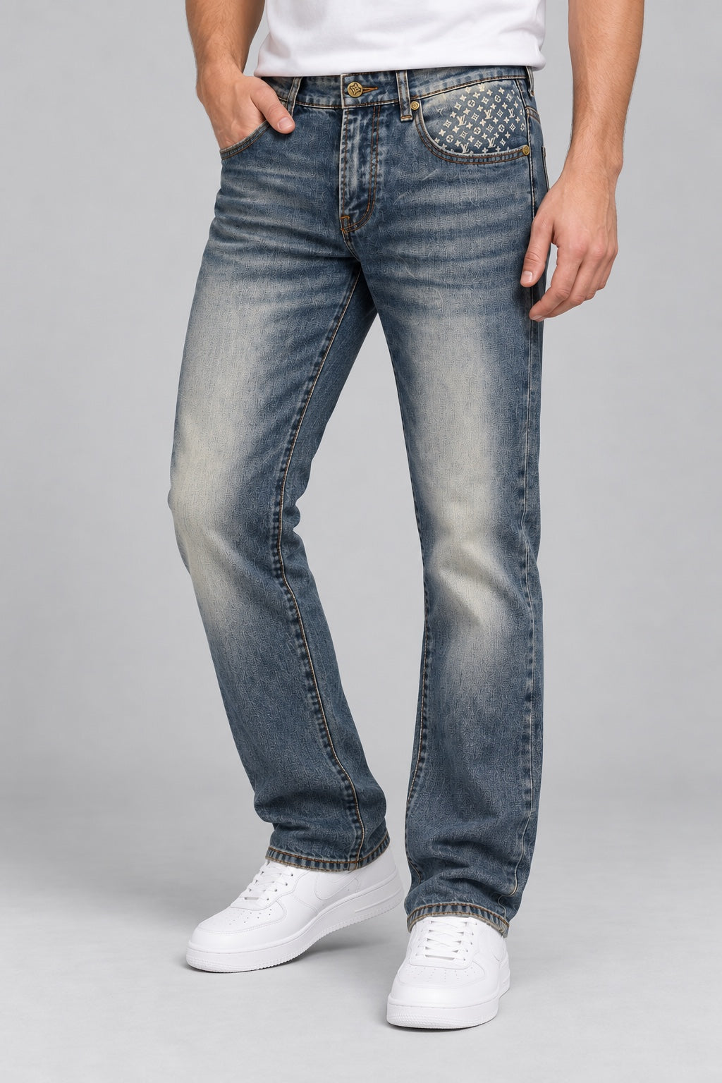 Men’s Cream-Monogram Straight-Fit Jeans – Vintage Faded Blue - angled front