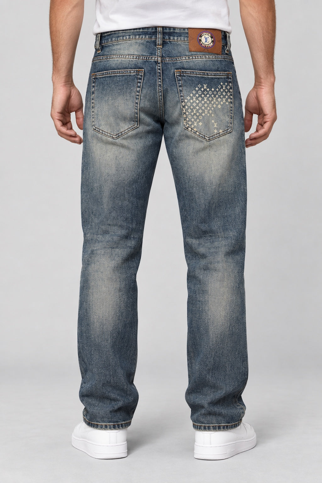 Men’s Cream-Monogram Straight-Fit Jeans – Vintage Faded Blue - back view