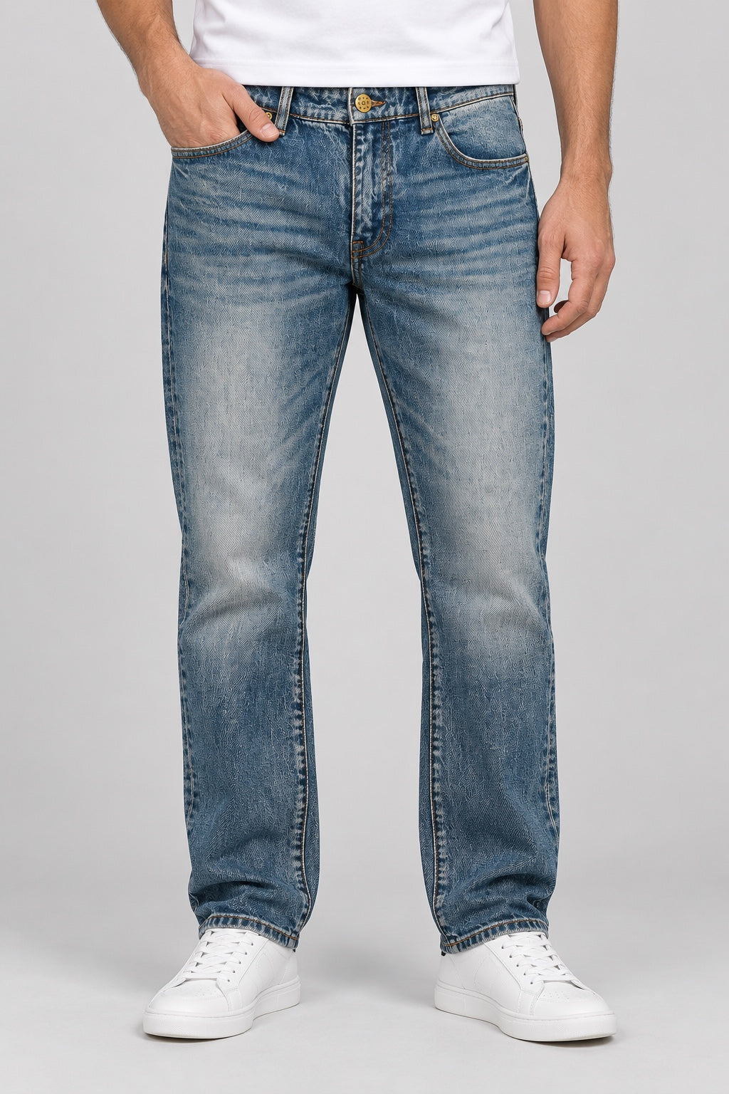 Men’s Fishing-Embroidered Straight-Fit Jeans – Vintage Stonewashed Blue - front view