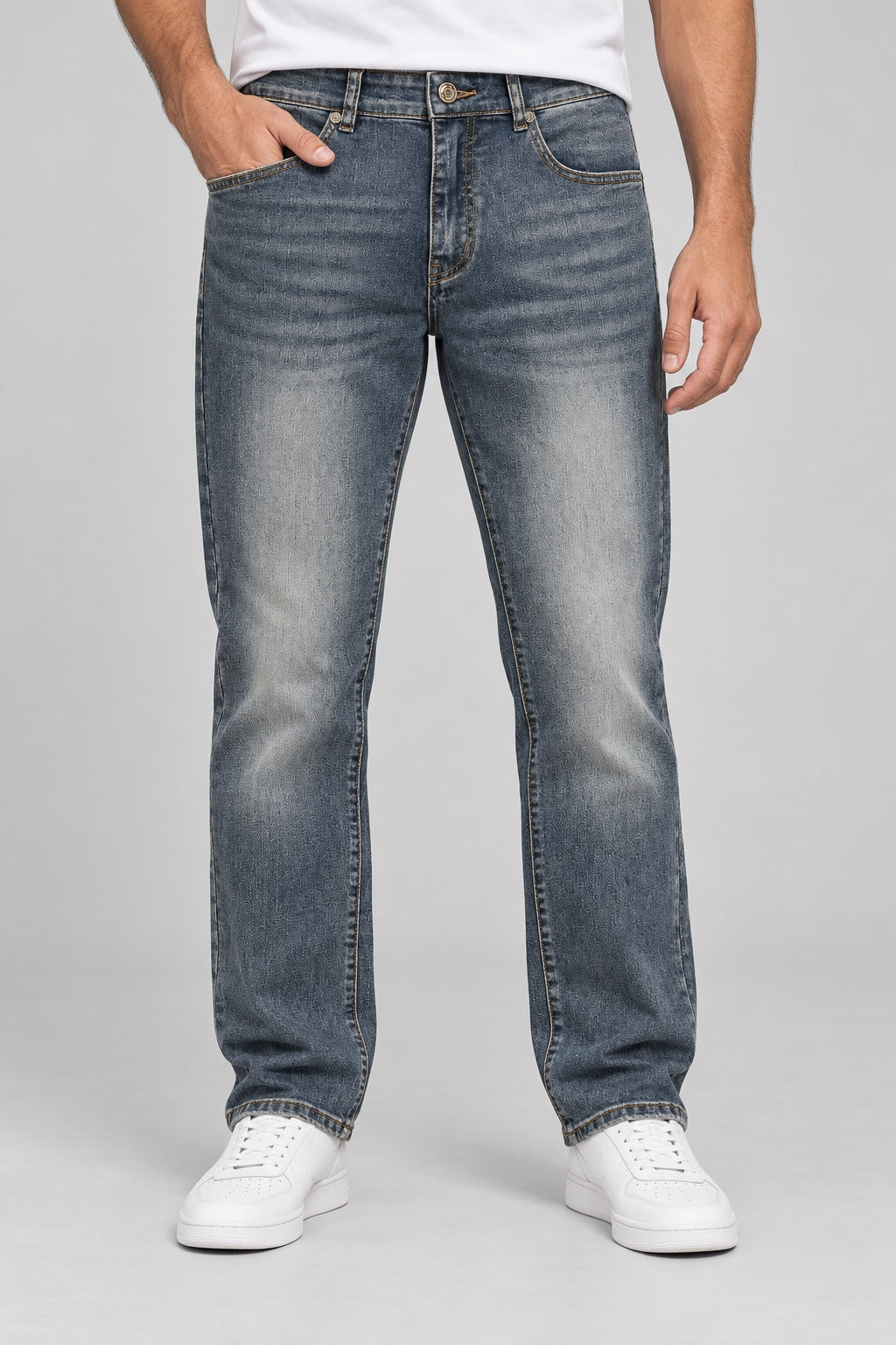 Men’s Patchwork-Pocket Straight-Fit Jeans – Vintage Blue - front view