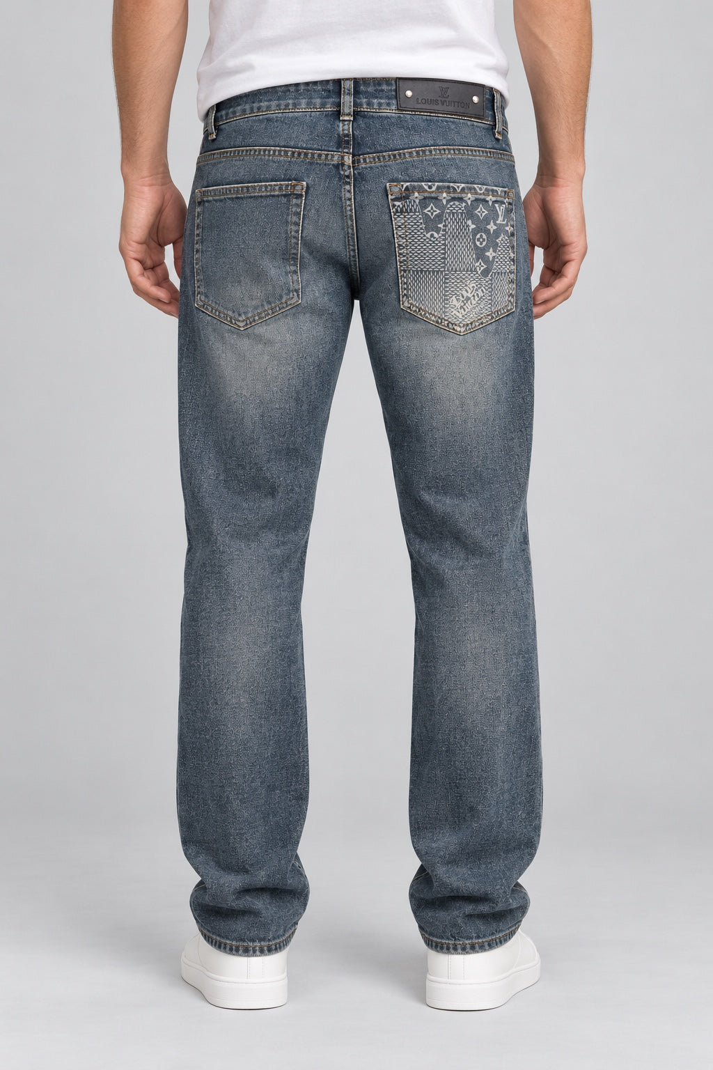 Men’s Patchwork-Pocket Straight-Fit Jeans – Vintage Blue - back view