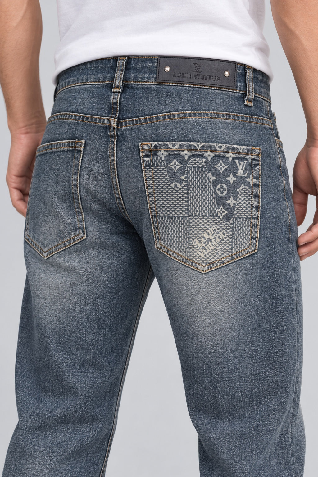 Men’s Patchwork-Pocket Straight-Fit Jeans – Vintage Blue - back detail