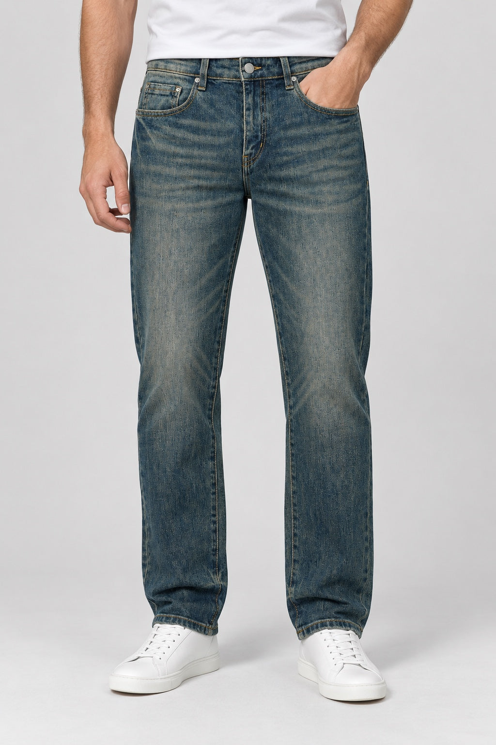 Men’s Silver-Emblem Monogram-Pocket Straight-Fit Jeans – Vintage Indigo Blue - front view