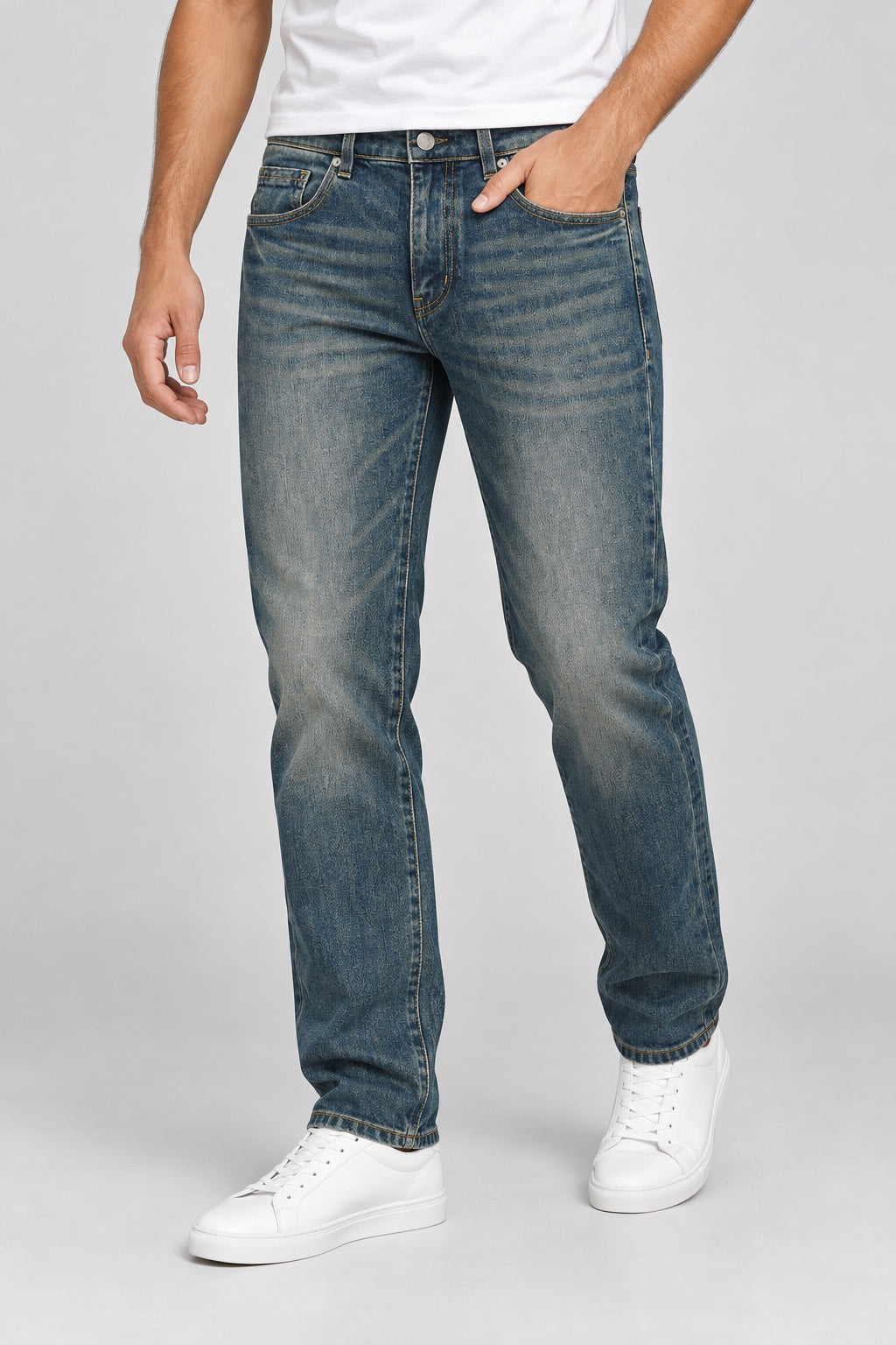 Men’s Silver-Emblem Monogram-Pocket Straight-Fit Jeans – Vintage Indigo Blue - angled front
