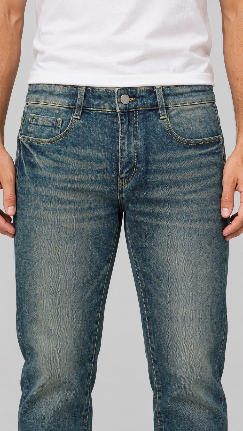 Men’s Silver-Emblem Monogram-Pocket Straight-Fit Jeans – Vintage Indigo Blue - front detail