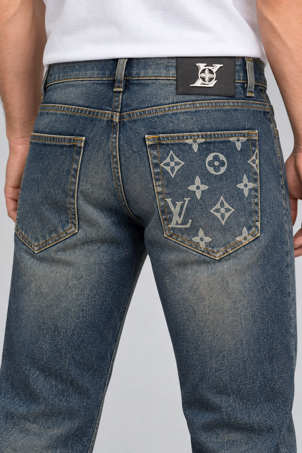 Men’s Silver-Emblem Monogram-Pocket Straight-Fit Jeans – Vintage Indigo Blue - back detail