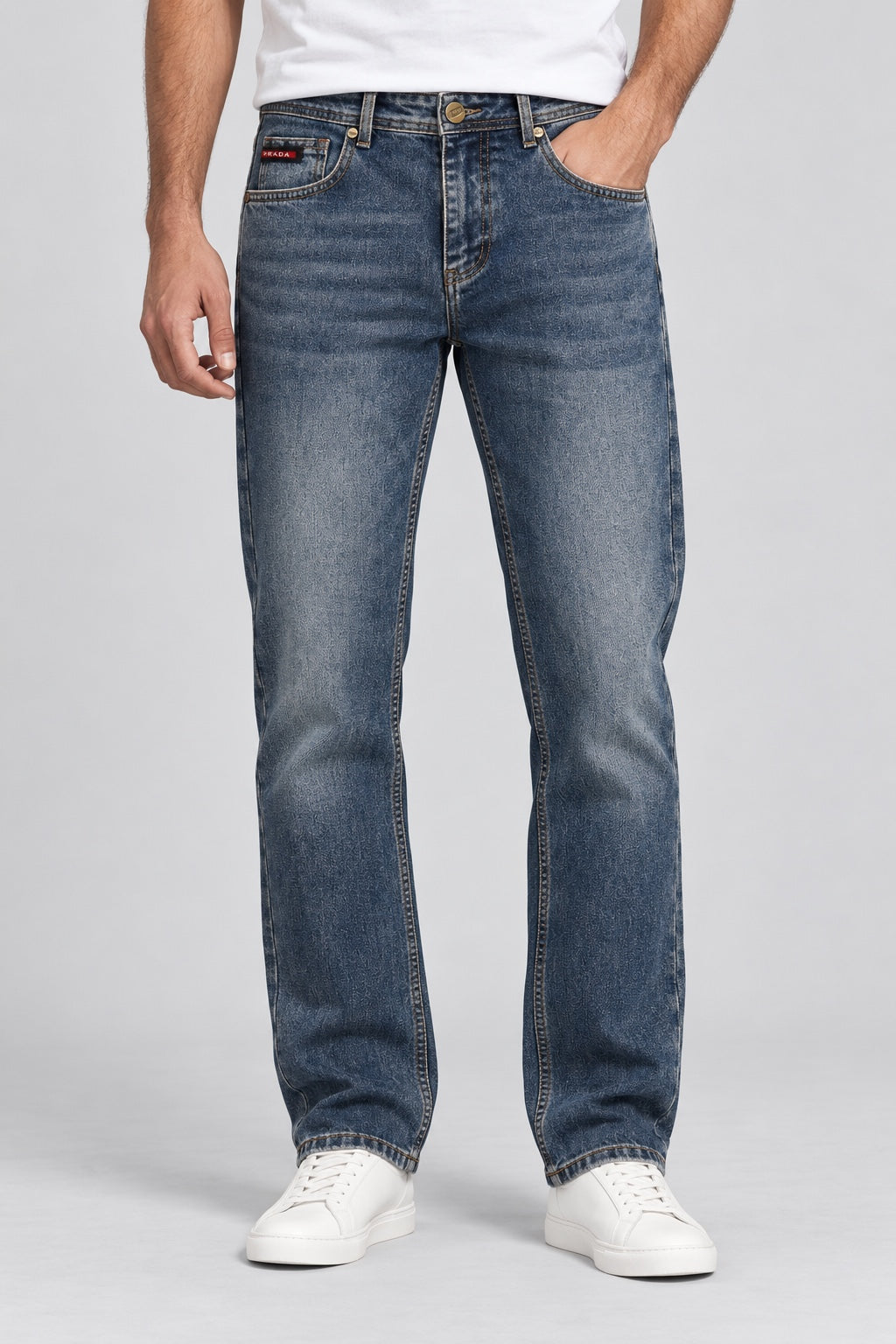 Men’s Antique-Brass Badge Straight-Fit Jeans – Indigo Blue - front view