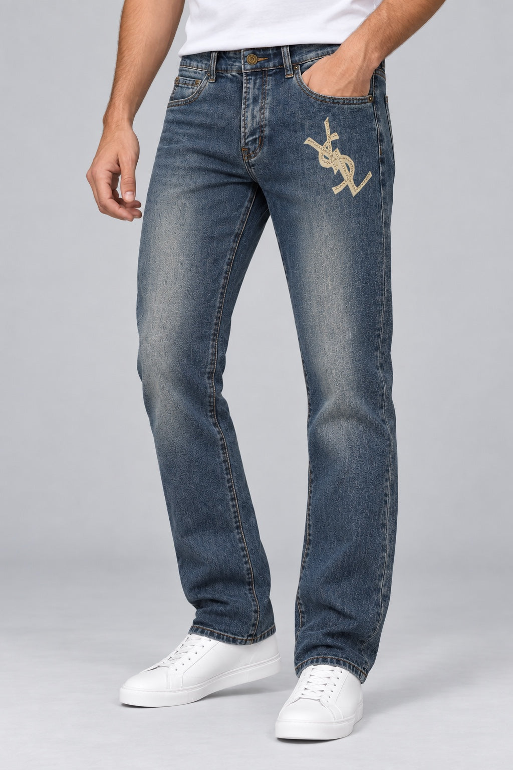 Men’s Studded-Monogram Straight-Fit Jeans – Stonewashed Indigo - angled front