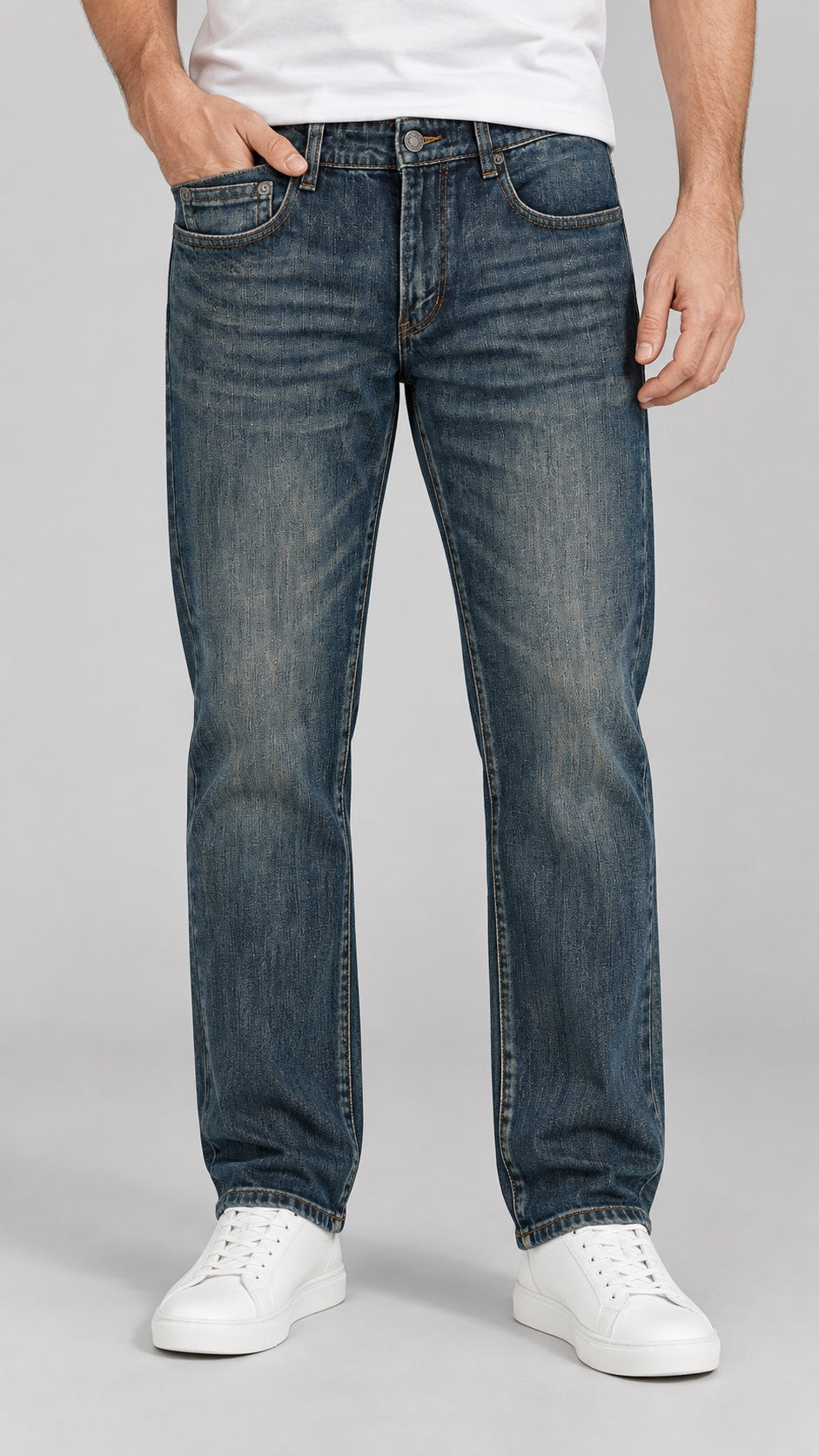 Men’s Deep Vintage-Indigo Whiskered Straight-Fit Jeans - front view