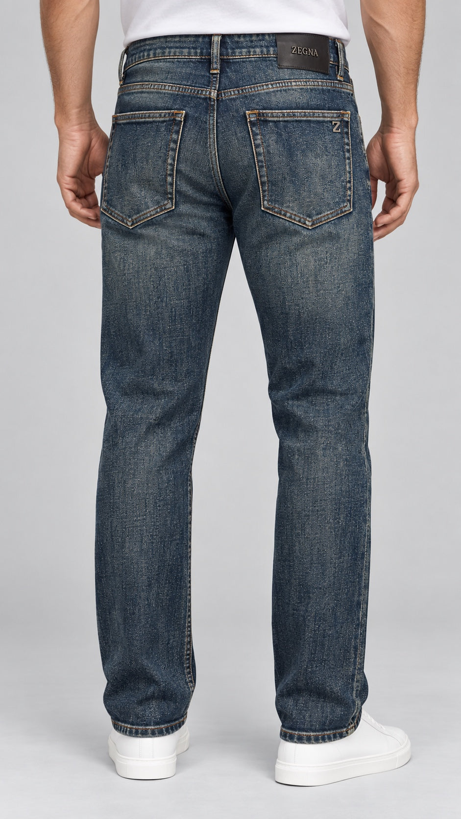 Men’s Deep Vintage-Indigo Whiskered Straight-Fit Jeans - back view