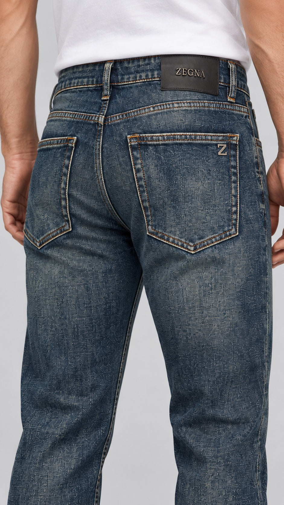 Men’s Deep Vintage-Indigo Whiskered Straight-Fit Jeans - back detail