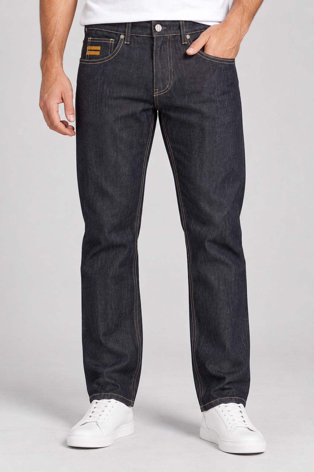 Men’s Raw-Indigo Contrast-Stitch Straight-Fit Jeans - front view