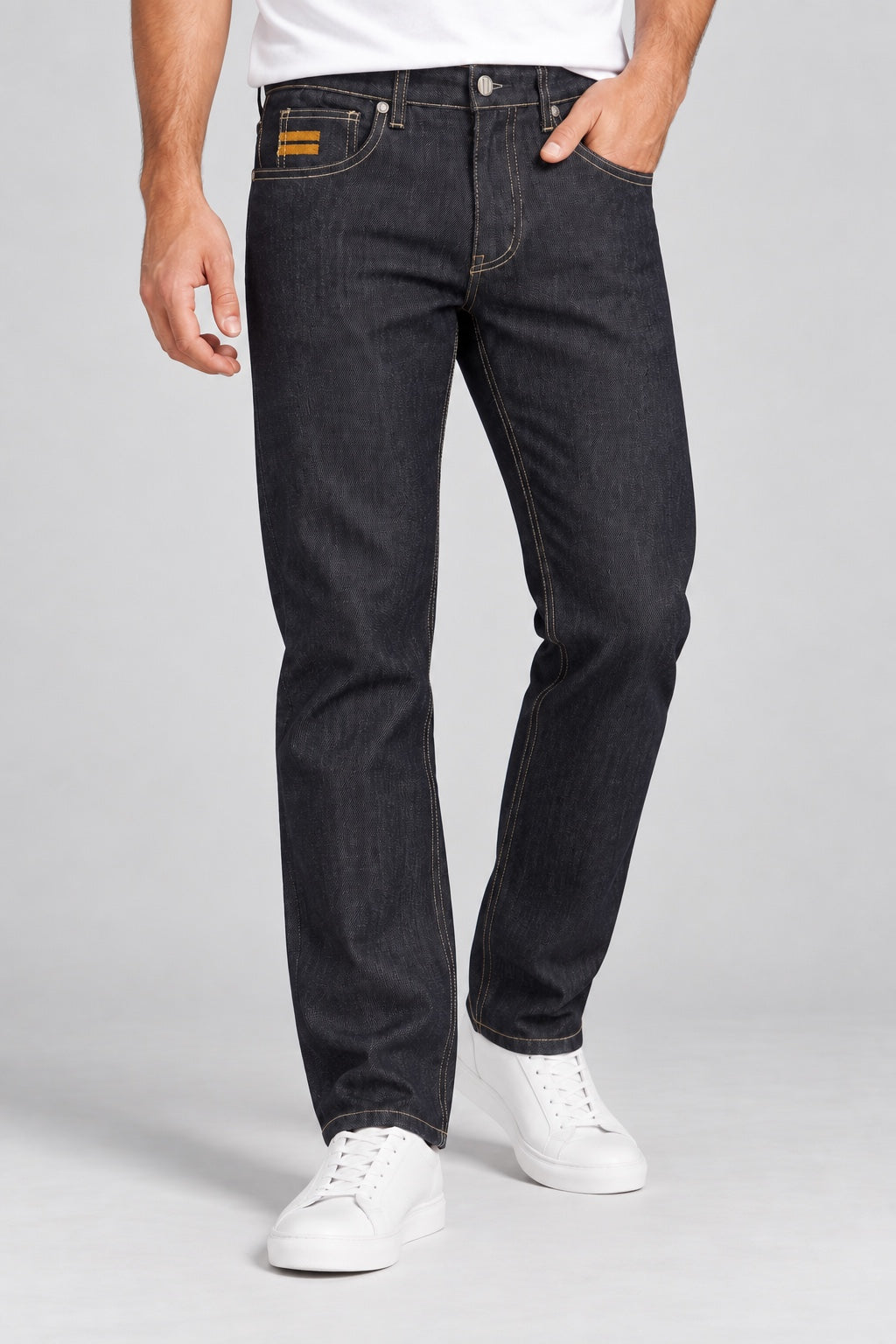 Men’s Raw-Indigo Contrast-Stitch Straight-Fit Jeans - angled front
