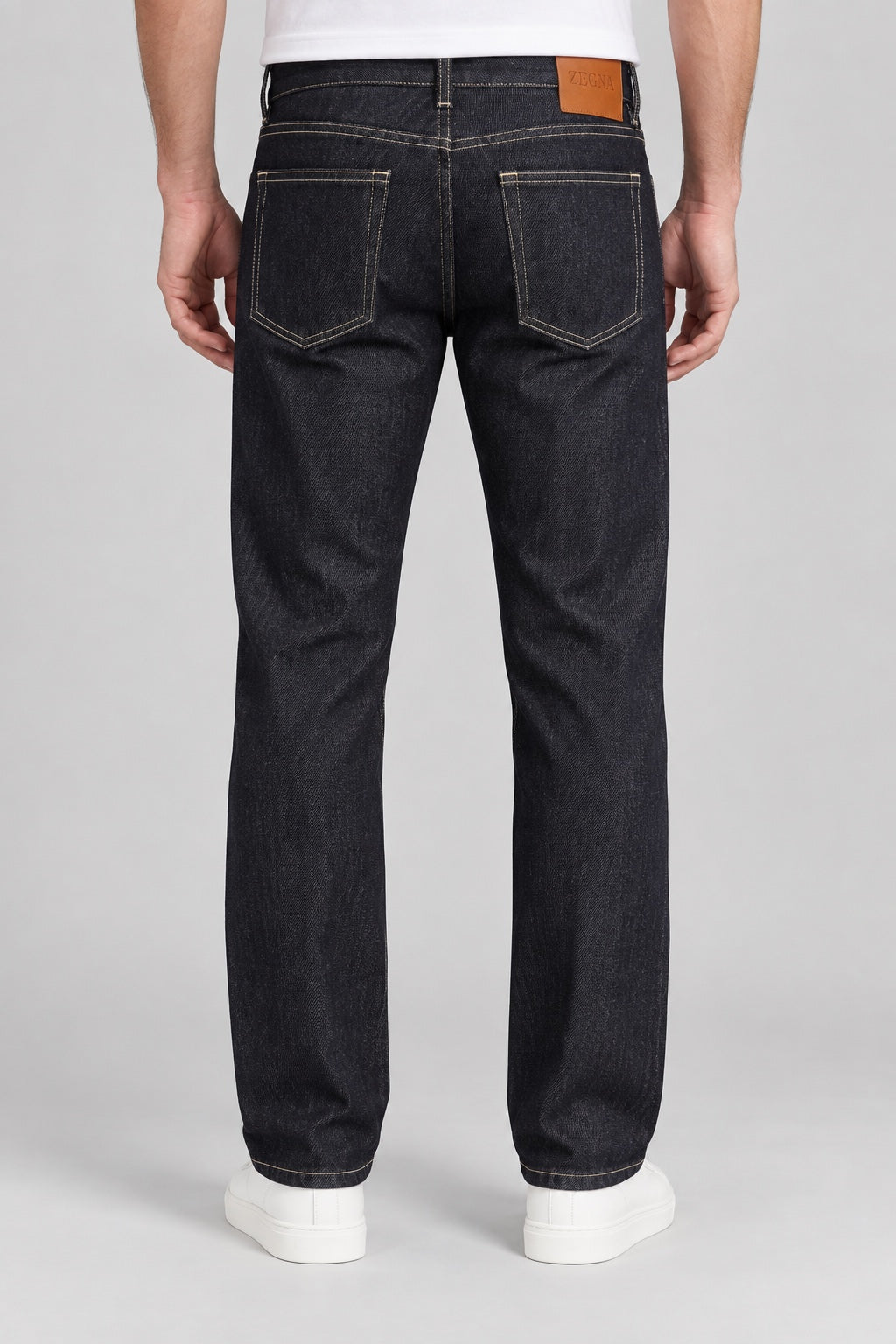 Men’s Raw-Indigo Contrast-Stitch Straight-Fit Jeans - back view