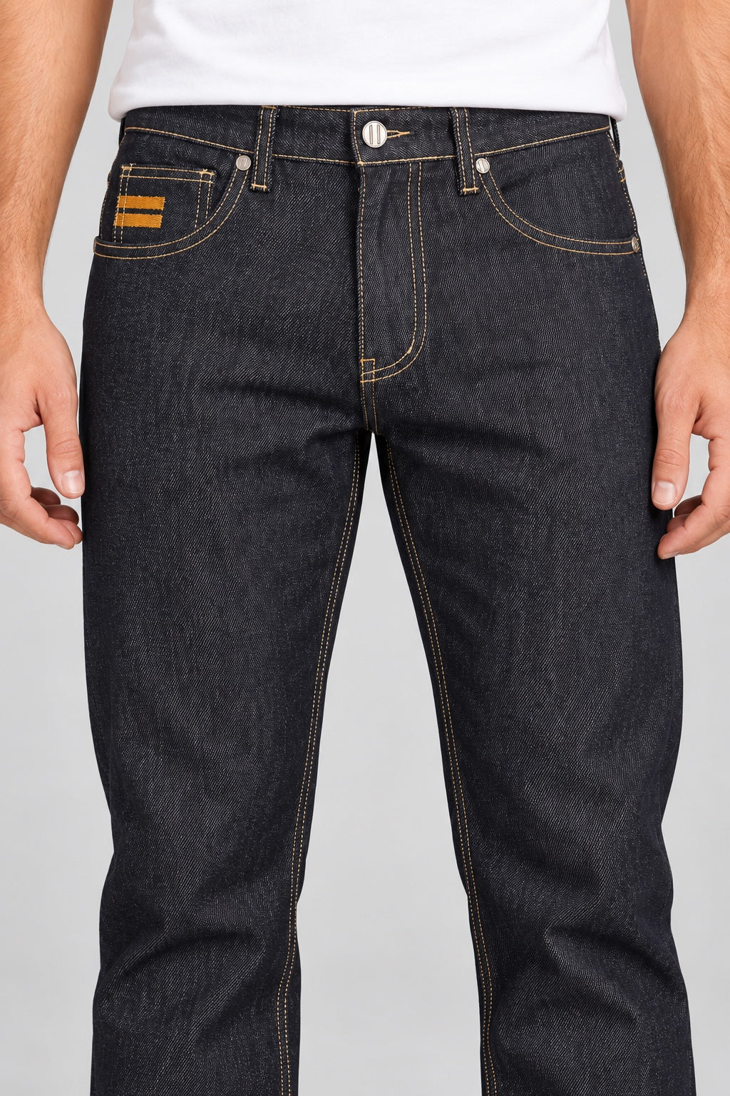 Men’s Raw-Indigo Contrast-Stitch Straight-Fit Jeans - front detail