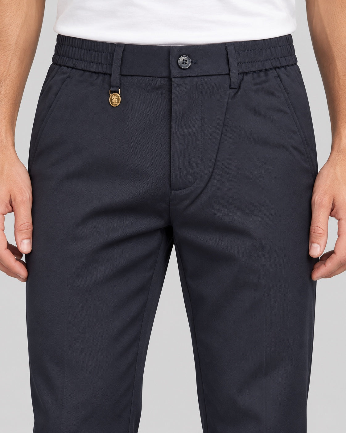Men’s Button-Tab Tailored Trousers – Ink Navy - front detail