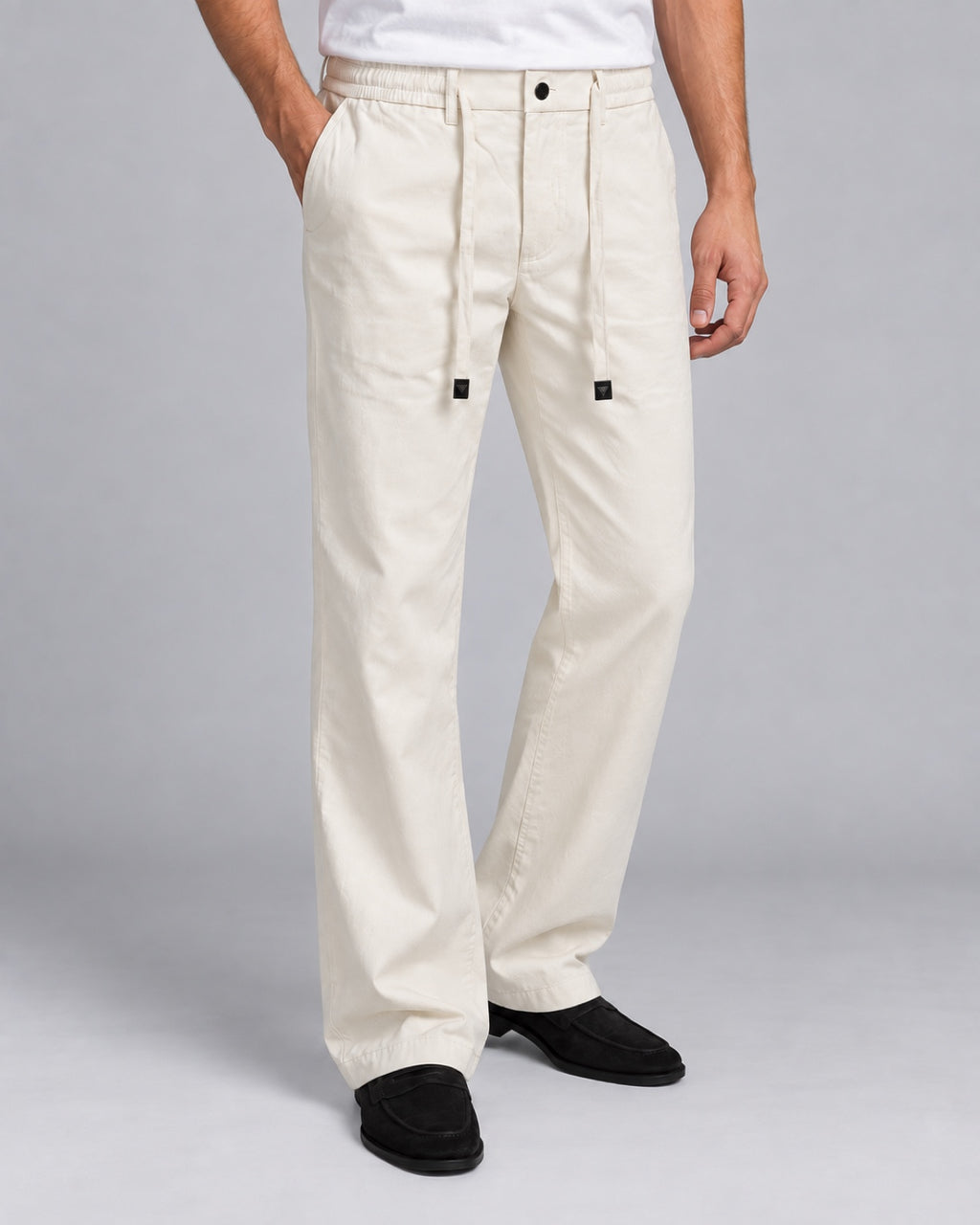 Men’s Warm-Ivory Drawstring Trousers - angled front