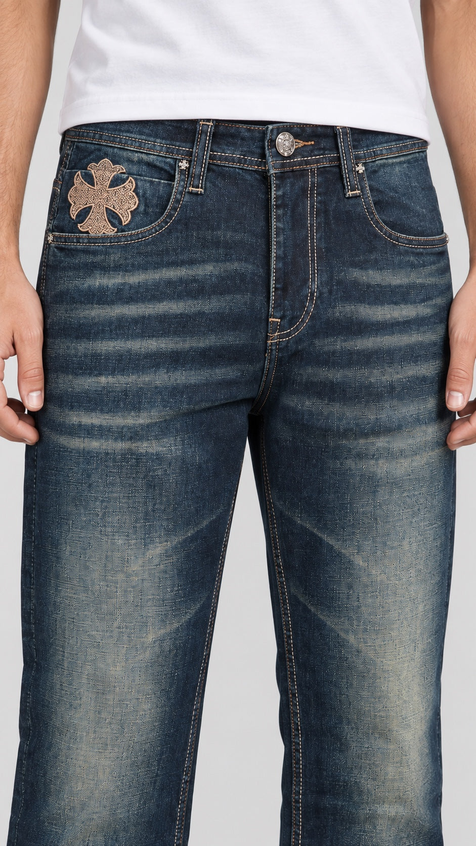 CH — Men’s Wide-Bottom Straight-Fit Cross Jeans – Dark Vintage Indigo — 05 front waist detail