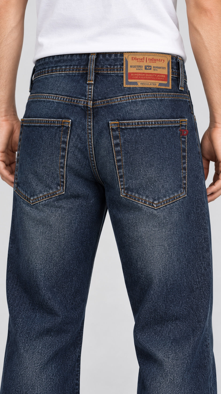 DSL — Men’s Wide-Bottom Straight-Fit Jeans – Deep Indigo Whiskered — back detail