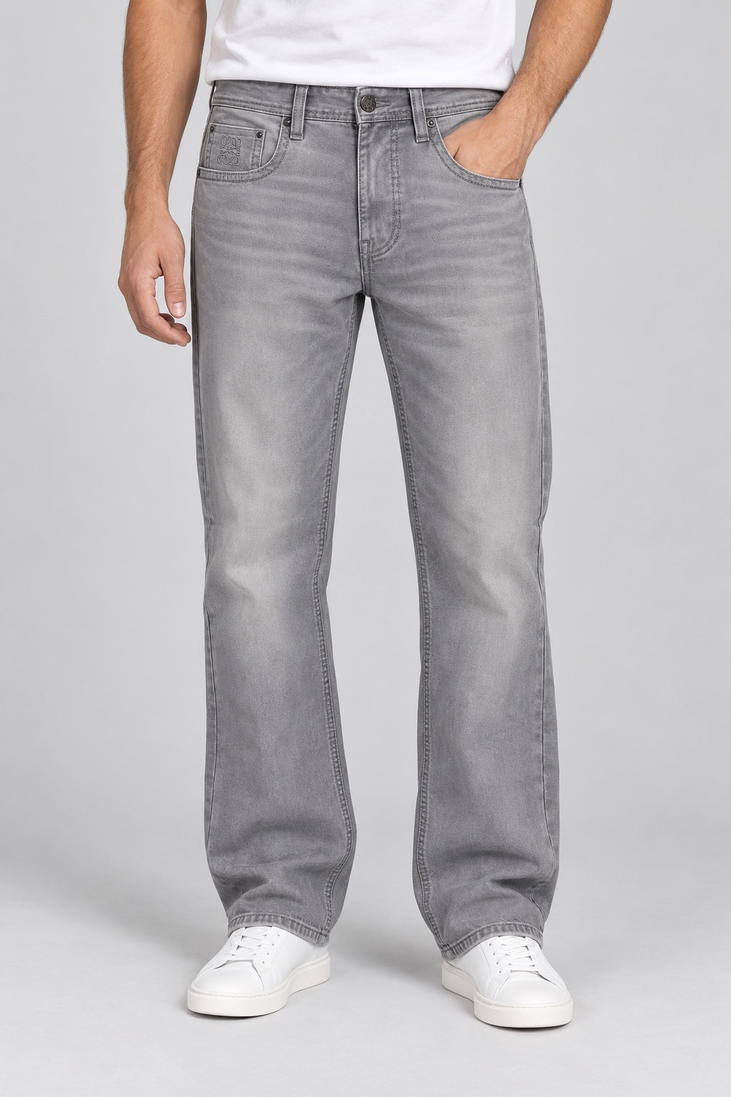 LW — Men’s Wide-Bottom Straight-Fit Anagram Jeans – Light Stone Grey — 01 full front view