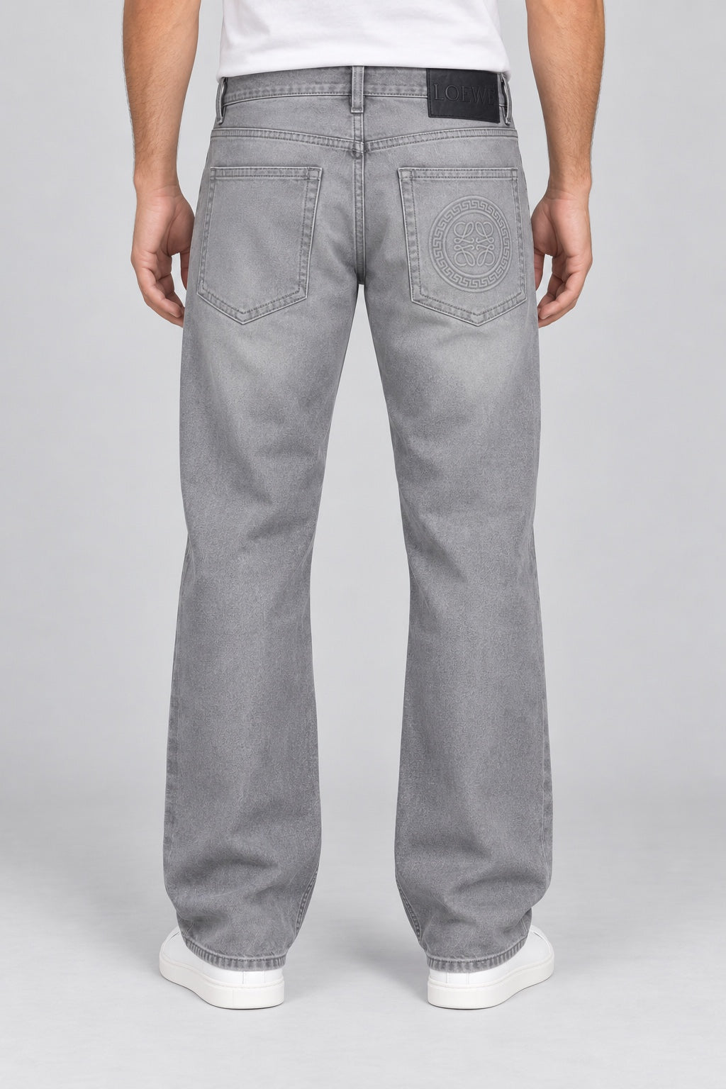 LW — Men’s Wide-Bottom Straight-Fit Anagram Jeans – Light Stone Grey — 02 full back view