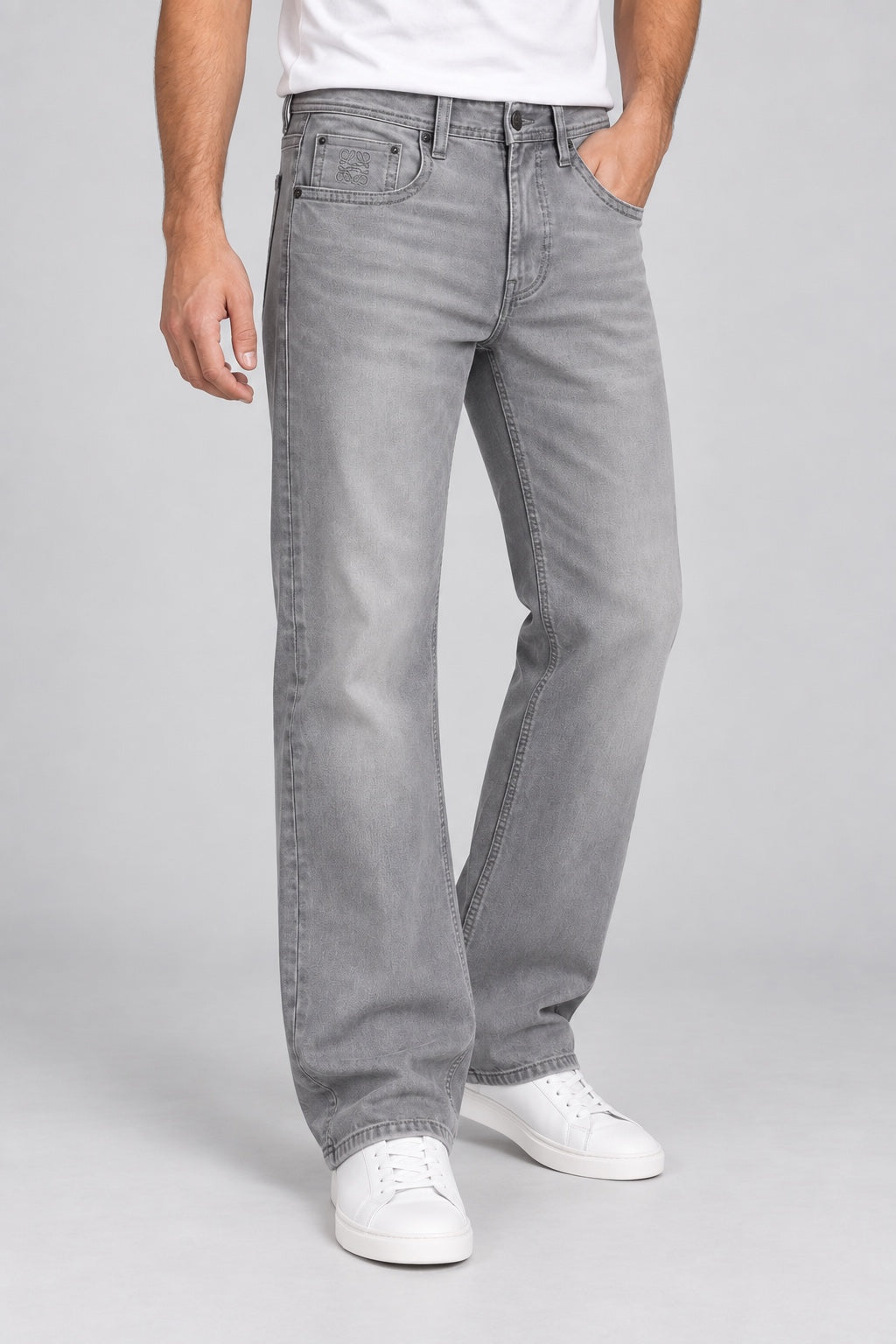 LW — Men’s Wide-Bottom Straight-Fit Anagram Jeans – Light Stone Grey — 03 angled front view
