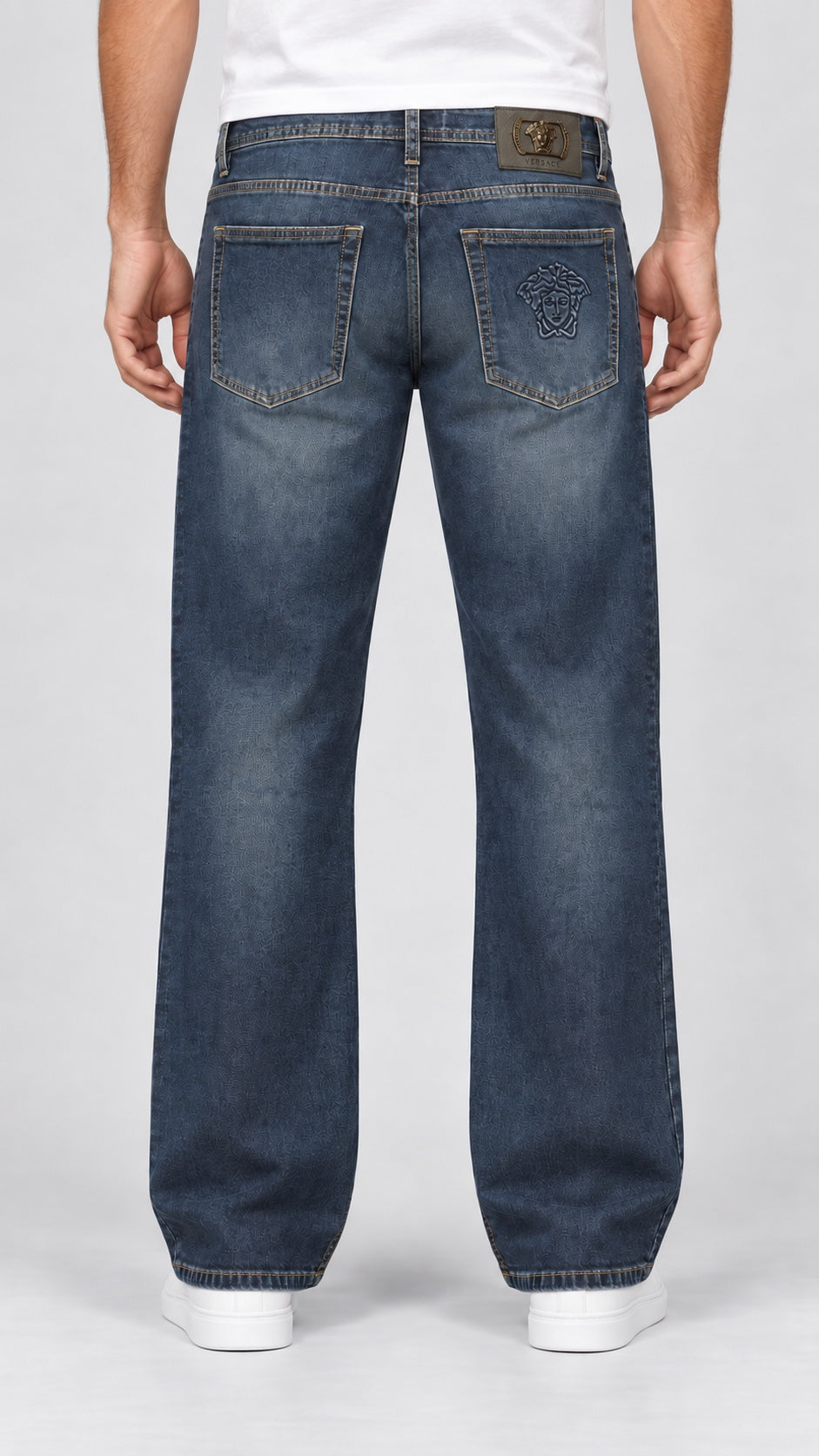 VRSC — Men’s Wide-Bottom Straight-Fit Medusa Jeans – Vintage Blue Grey — 02 full back view